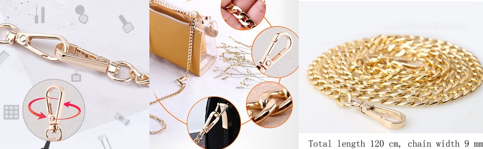 Collage of gold-colored jewelry items including a chain, bracelet, and circular pendant. Shows various ways to wear or style the pieces.