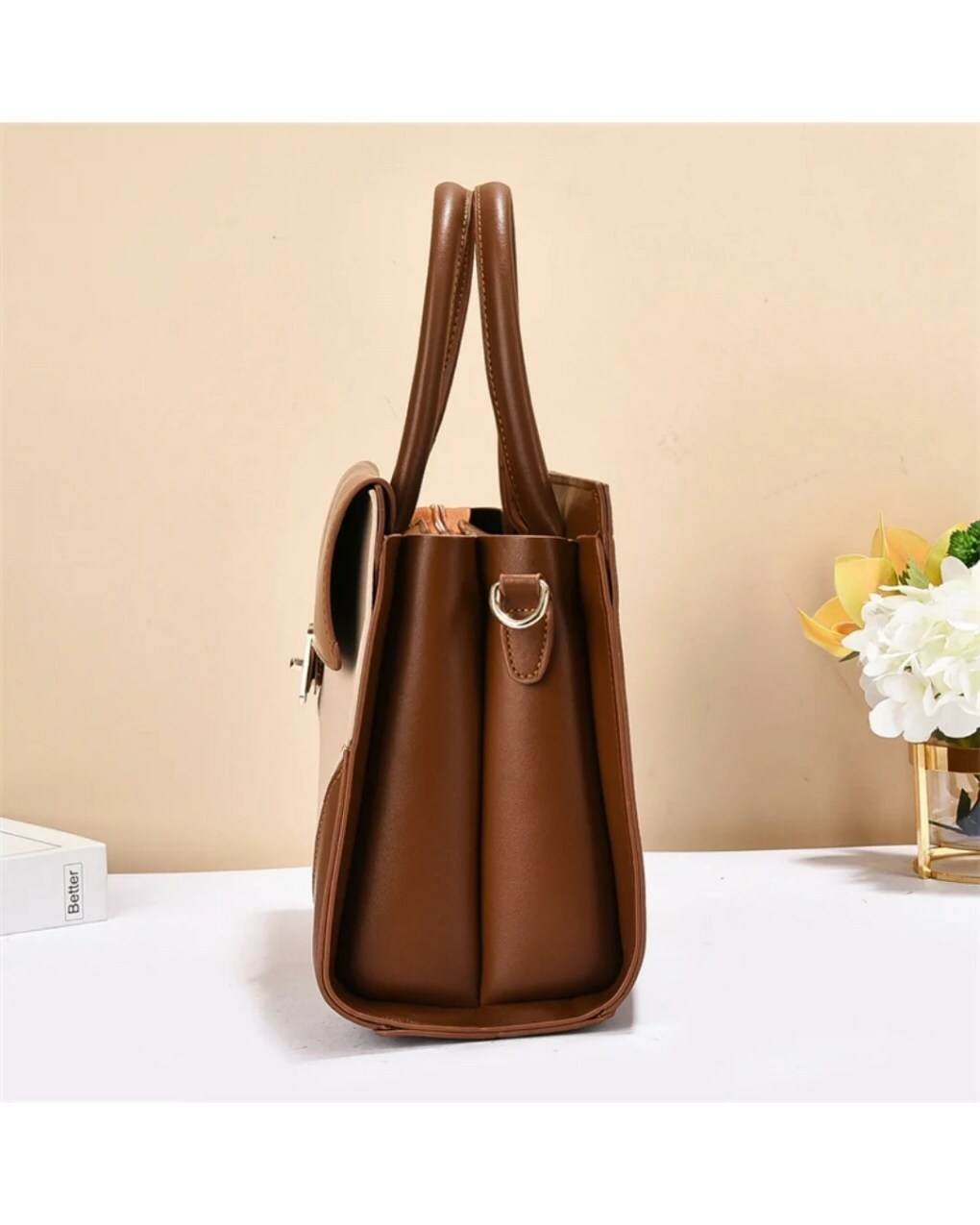 2in1 women handbag brown side view