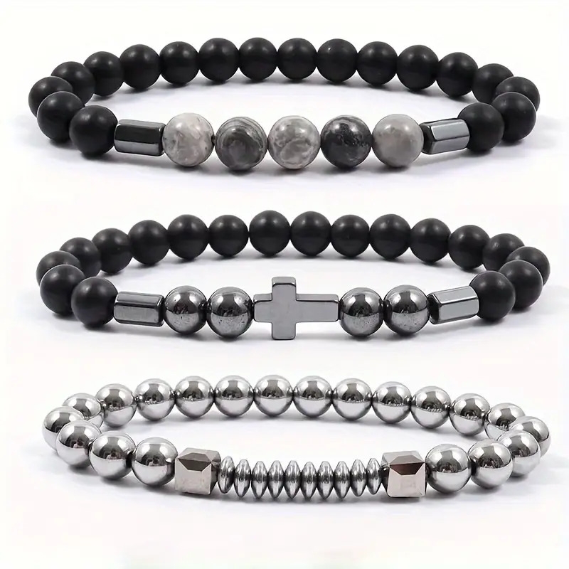 set of   stone cross pendants matte bead bracelets for men and women with trendy and versatile jewelry gifts details 4