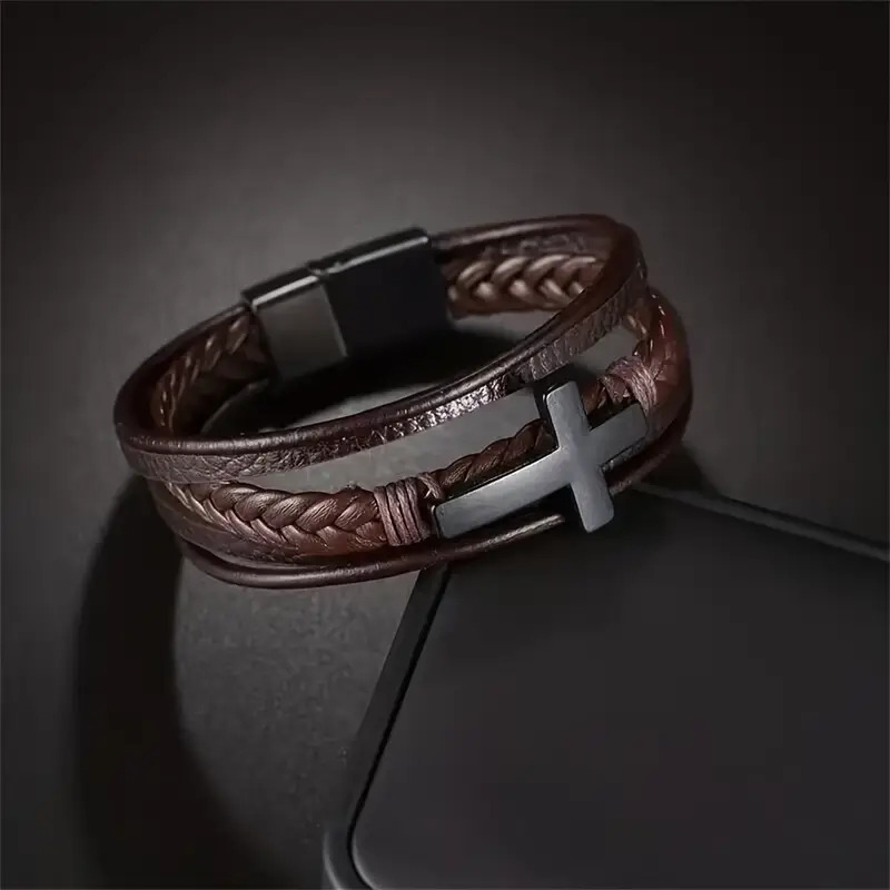 stylish mens multi layer braided   leather bracelet with magnetic clasp   alloy cross pendant   textured design for a   mens fashion accessory vintageinspired jewelry   leather band details 0
