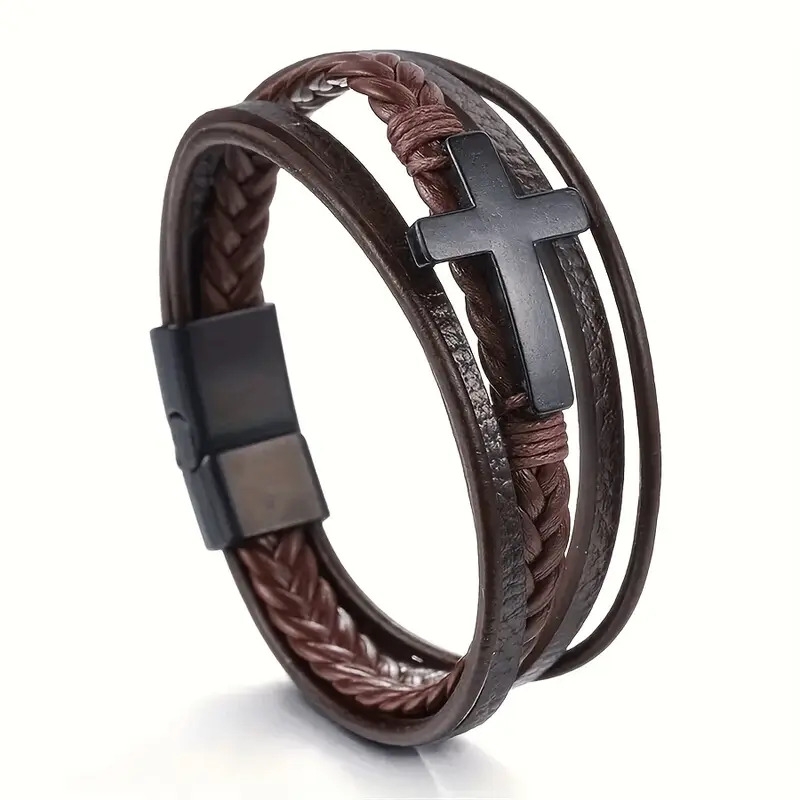 stylish mens multi layer braided   leather bracelet with magnetic clasp   alloy cross pendant   textured design for a   mens fashion accessory vintageinspired jewelry   leather band details 3