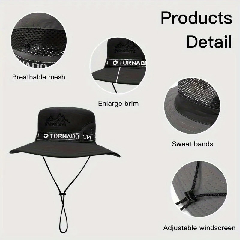 2件男士运动宽檐遮阳帽， +防晒，可透气网眼面料及可调节带 - 轻便户外帽子适合钓鱼、徒步旅行、露营、海滩，防晒头饰，舒适佩戴，夏季旅行必备 详情 2