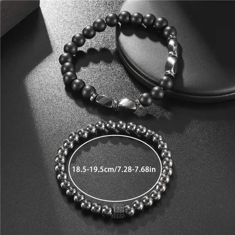 mens fashionable black hematite stretch bracelet set alloy pendant non magnetic details 2