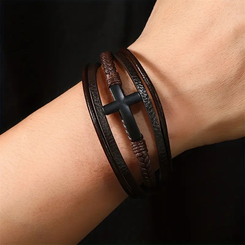 stylish mens multi layer braided   leather bracelet with magnetic clasp   alloy cross pendant   textured design for a   mens fashion accessory vintageinspired jewelry   leather band details 4