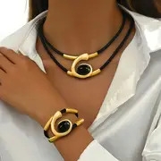 two piece set of womens bohemian   spiral inlaid black acrylic gemstone long bead pendant necklace and bracelet set details 1