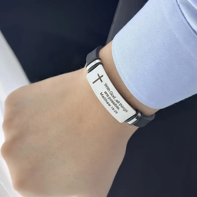 1pc 304 stainless steel silicone christian prayer bracelet with adjustable strap interlocking     6 10 13   11 2 4   verses   fit for men women casual attire christmas easter valentines gift durable stylish religious jewelry for prayer faith   unisex   with cross pendant ideal for daily use and   Product details 8