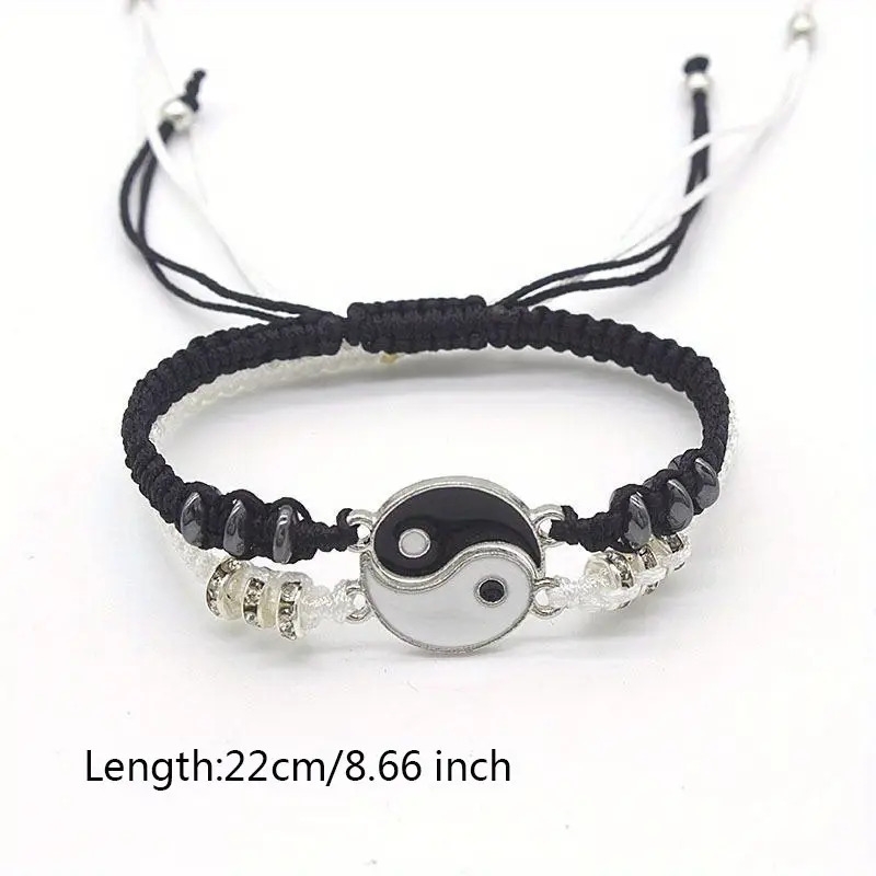2pcs yin yang tai chi couple bracelets set handcrafted adjustable black white beaded braided cord with natural stone accents boho chic matching jewelry gift for lovers bracelet charms details 3