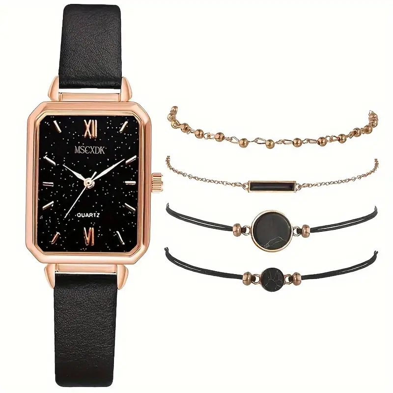 5pcs set womens casual rectangle quartz watch pu leather wrist watch bracelets gift for mom her details 7
