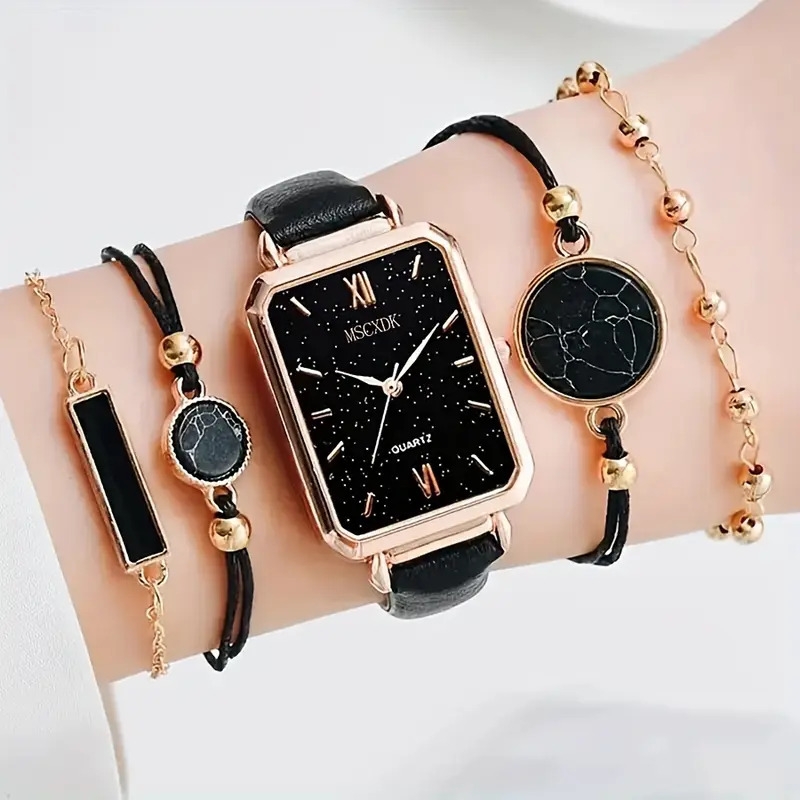 5pcs set womens casual rectangle quartz watch pu leather wrist watch bracelets gift for mom her details 1