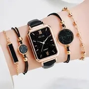 5pcs set womens casual rectangle quartz watch pu leather wrist watch bracelets gift for mom her details 1