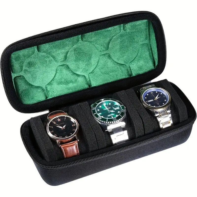 3 slots hard watch travel case watch roll case storage and organizer for men and women with anti move watch pillow watch box holder display cabinet hardshell zipper watch carry case green   suede lining   for gifts details 4