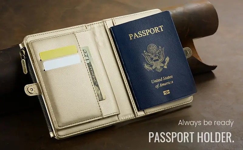 rfid屏蔽护照夹 - 大号仿皮旅行钱包，带可拆卸腕带，安全拉链闭合，多个卡槽和rfid屏蔽技术，适合男女，旅行护照夹，安全文件存储，时尚设计，耐用结构 商品详情 4