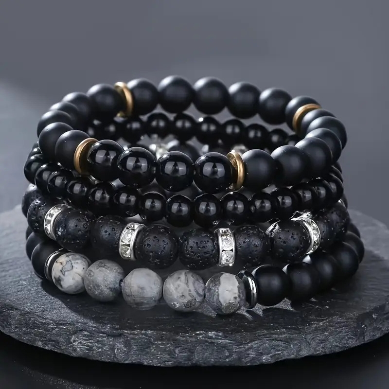 4pcs jmg vintage natural stone beaded stretch bracelet set for men sporty   with black and white marbled accents elastic fashion jmg details 1
