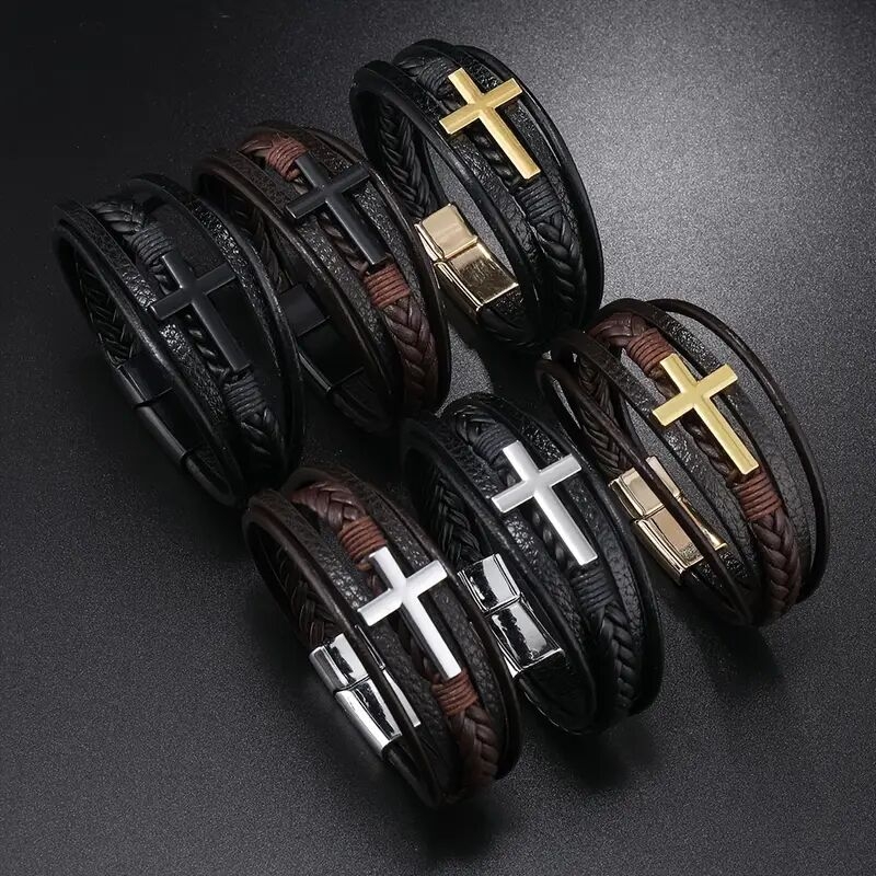1pc fashion magnetic   woven pu leather bracelet cross simple bracelet mens versatile bracelet fathers day gift details 0