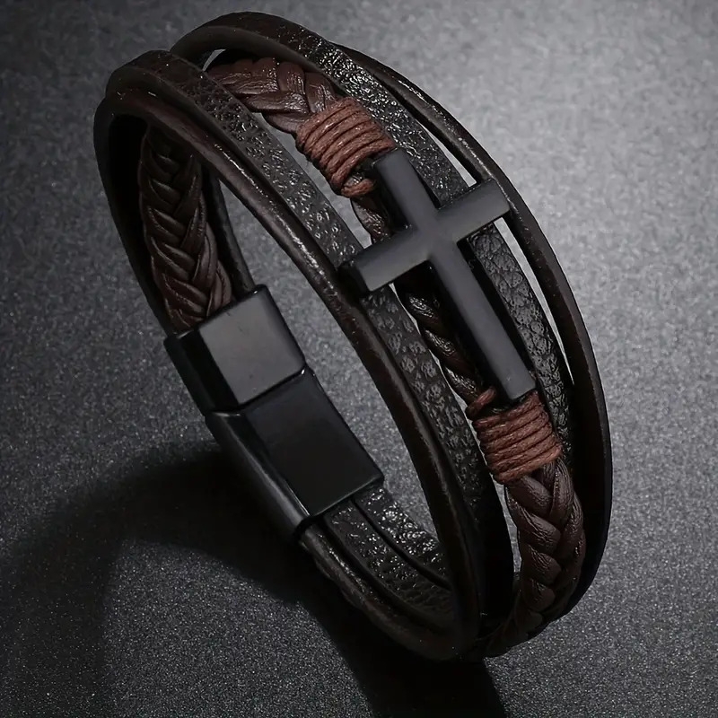 1pc fashion magnetic   woven pu leather bracelet cross simple bracelet mens versatile bracelet fathers day gift details 12