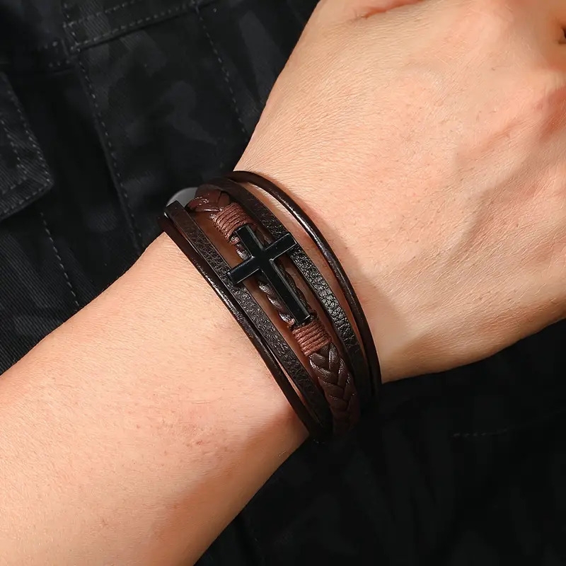1pc fashion magnetic   woven pu leather bracelet cross simple bracelet mens versatile bracelet fathers day gift details 15