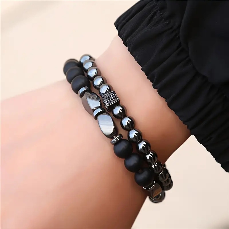 mens fashionable black hematite stretch bracelet set alloy pendant non magnetic details 4