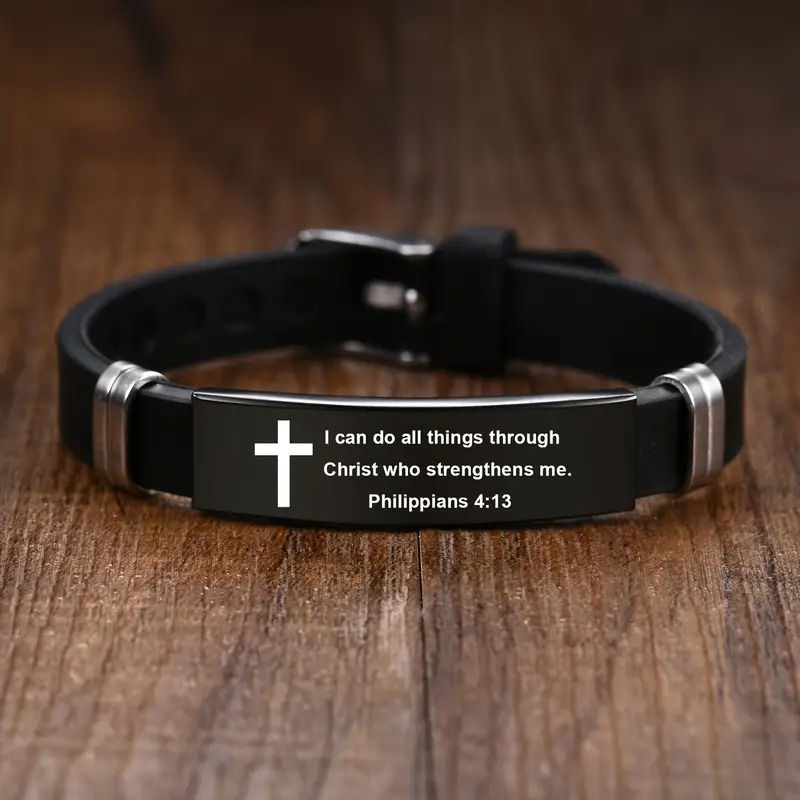 stainless steel bracelet for men adjustable black strap with philippians 4 13 cross pendant 304 stainless steel religious jewelry inspirational christian gift for him Product details 1