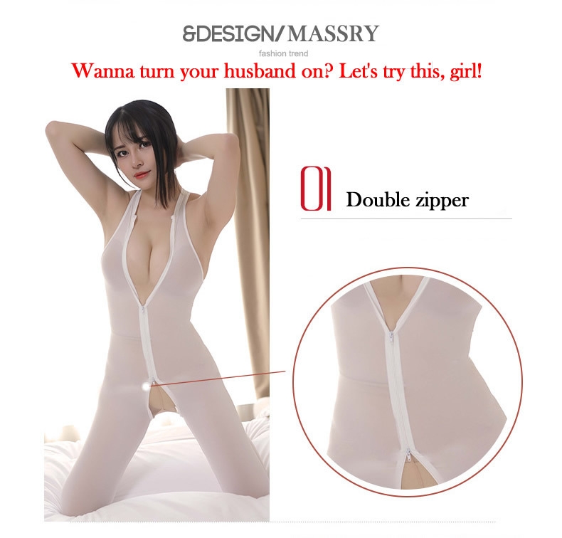 Hight Elastic Open Long Zipper Open Crotch Bodysuit See Through