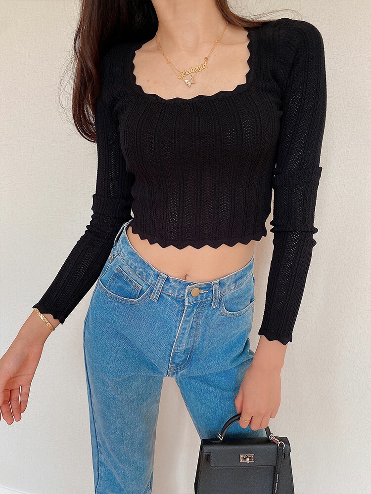 Details of Women Scoop Neck Open Stitch Jumper In Fine Knit Rib With Wave  Trim Pullover