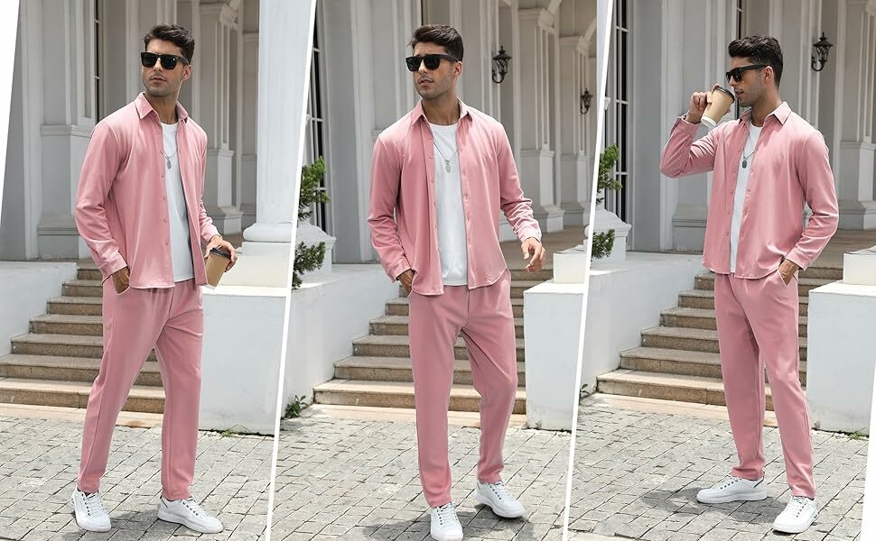 FZNHQL Modern Men's Pants and Shirt Combo 2-Piece Casual Suit Set