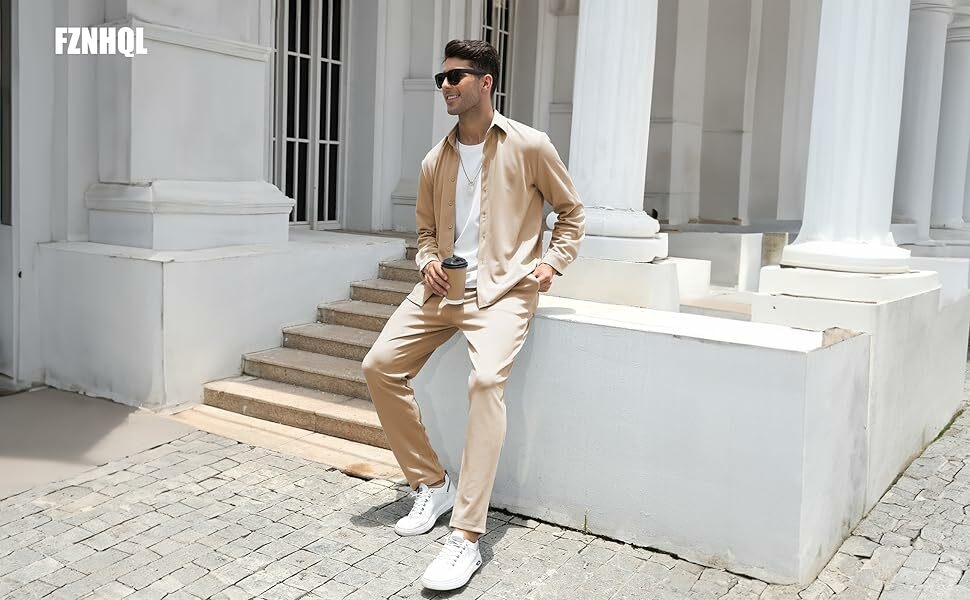 FZNHQL Versatile Men's Shirt and Pants Set - 2-Piece Stylish Outfit