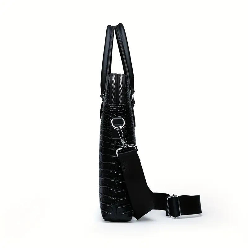 mens crocodile textured pvc crossbody bag sleek black   with multiple compartments zipper closure detachable shoulder strap for work travel formal events details 4