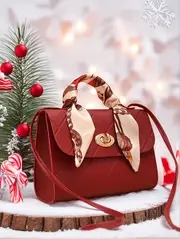 【优雅风格】时尚红色绗缝钻石图案斜背包，搭配围巾点缀 - 防污合成皮革，可互换肩带，金色扣环 - 非常适合休闲、工作或聚会外出，休闲斜挎包-优雅手提包 - 合成皮革包、钱包斜背包 详情 7