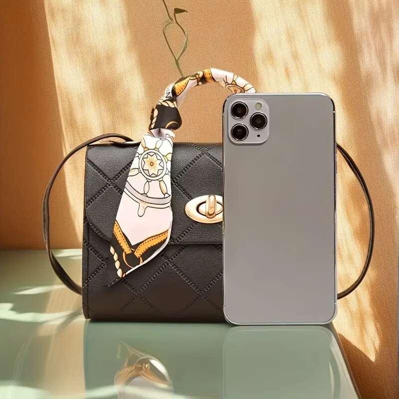 【优雅风格】时尚红色绗缝钻石图案斜背包，搭配围巾点缀 - 防污合成皮革，可互换肩带，金色扣环 - 非常适合休闲、工作或聚会外出，休闲斜挎包-优雅手提包 - 合成皮革包、钱包斜背包 详情 2