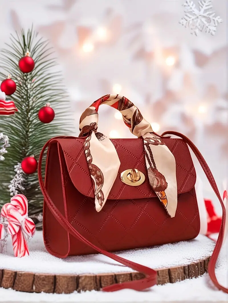 【优雅风格】时尚红色绗缝钻石图案斜背包，搭配围巾点缀 - 防污合成皮革，可互换肩带，金色扣环 - 非常适合休闲、工作或聚会外出，休闲斜挎包-优雅手提包 - 合成皮革包、钱包斜背包 详情 7