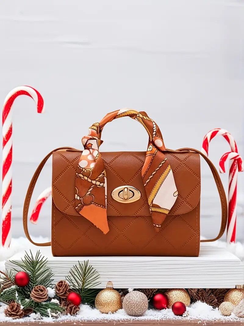 【优雅风格】时尚红色绗缝钻石图案斜背包，搭配围巾点缀 - 防污合成皮革，可互换肩带，金色扣环 - 非常适合休闲、工作或聚会外出，休闲斜挎包-优雅手提包 - 合成皮革包、钱包斜背包 详情 6