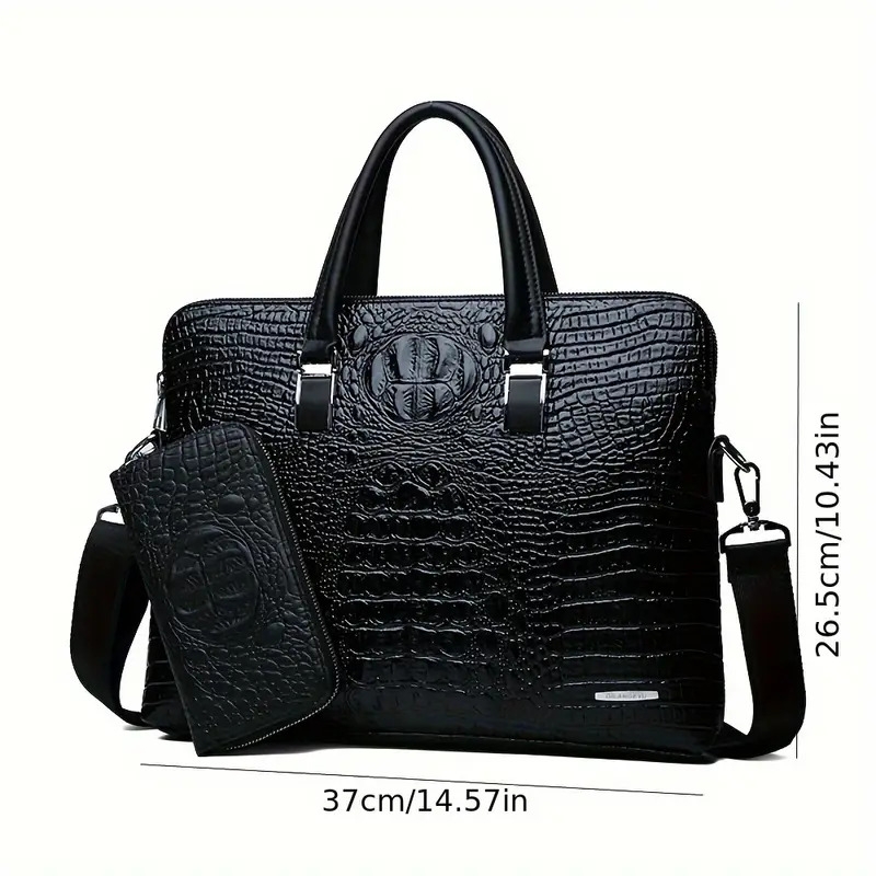 mens crocodile textured pvc crossbody bag sleek black   with multiple compartments zipper closure detachable shoulder strap for work travel formal events details 6