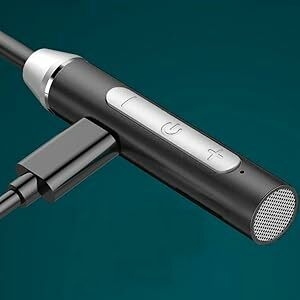 Cylindrical black and silver microphone with USB cable. Features visible buttons and a mesh grille at the end for audio capture.