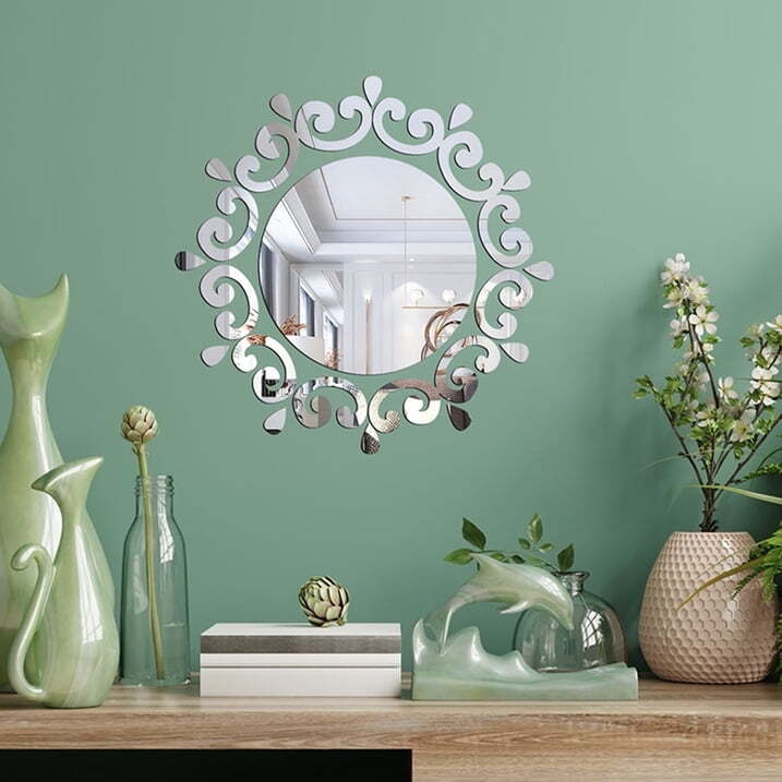 Irene Inevent 50 Pieces Mirror Wall Sticker DIY Creative Design Flower Disc Shape Ornaments Walls Decal Kitchen Home Office Hallway Bathroom
