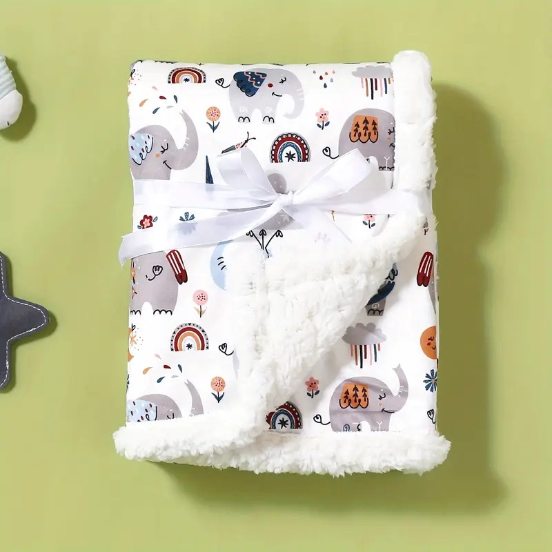 舒适双层儿童毯，带有可爱的动物图案 - 柔软、厚实春秋季灰色/白色/蓝色/黄色抛物线 - 可机洗聚酯纤维、厚实、动物图形 0
