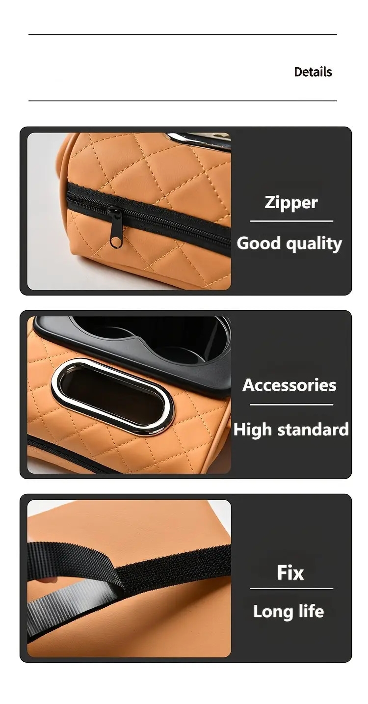car armrest box mat with multi functional storage with 2 drink holders 2 side pockets   of partitioned storage car interior storage small item storage   leather embossed armrest box mat details 1