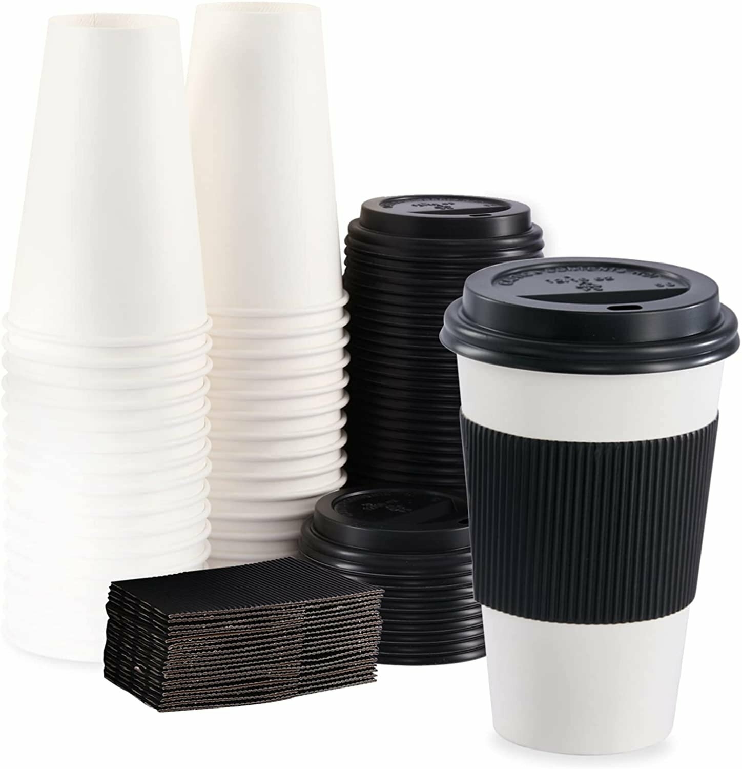 Lamosi 16 oz Coffee Cups with Lids,Sleeves -100 Pack Disposable