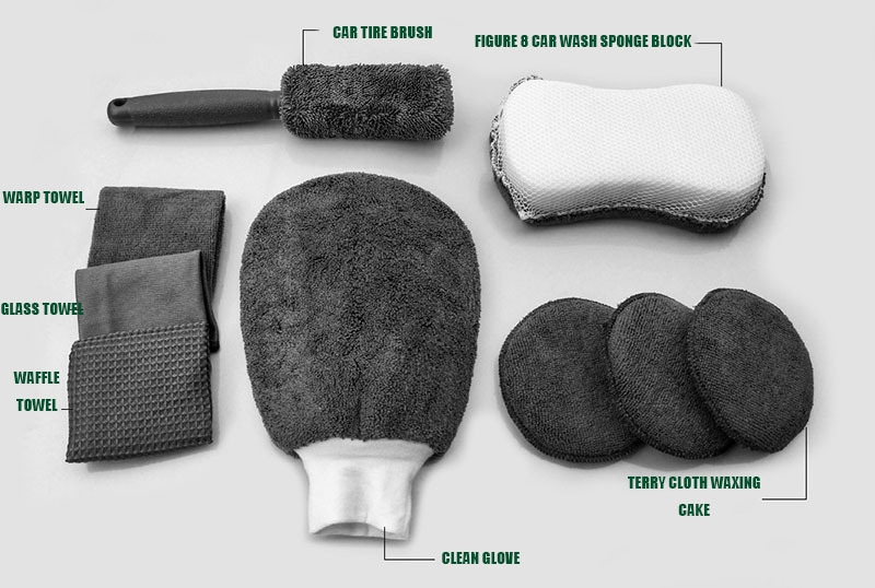All-in-One Efficient Car Detailing Tool Kit Microfiber Cleaning Mitt Polishing Towel Tire Brush Sponge for Washing PVC Package
