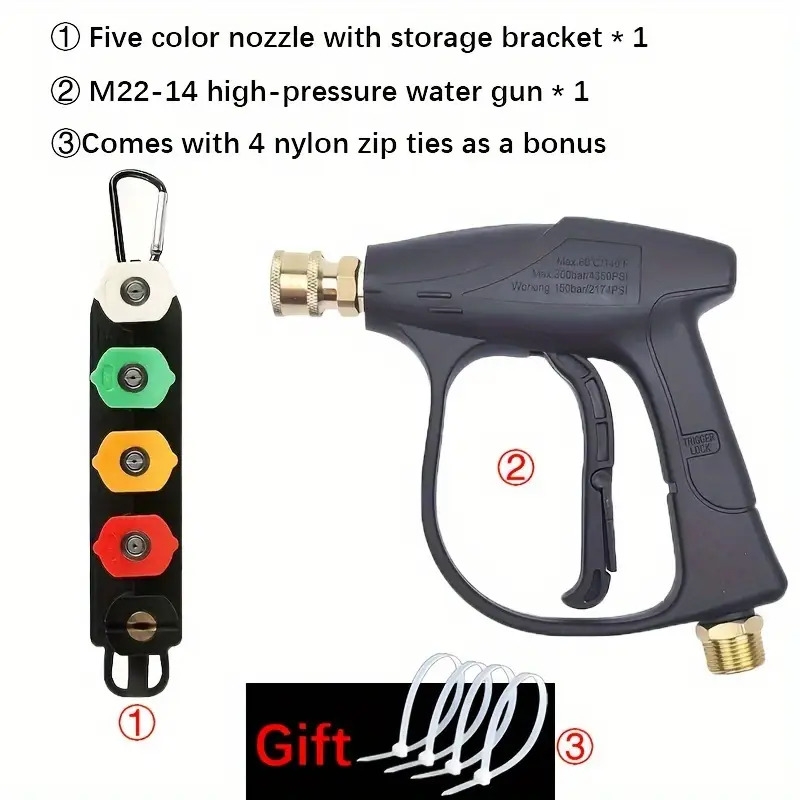 4350psi高压洗车水枪用于高压冷水清洗机，m22-14尾部连接，1/4快接口，5色喷嘴带储存底座，易于存放不易遗失，灵珍 商品详情 7