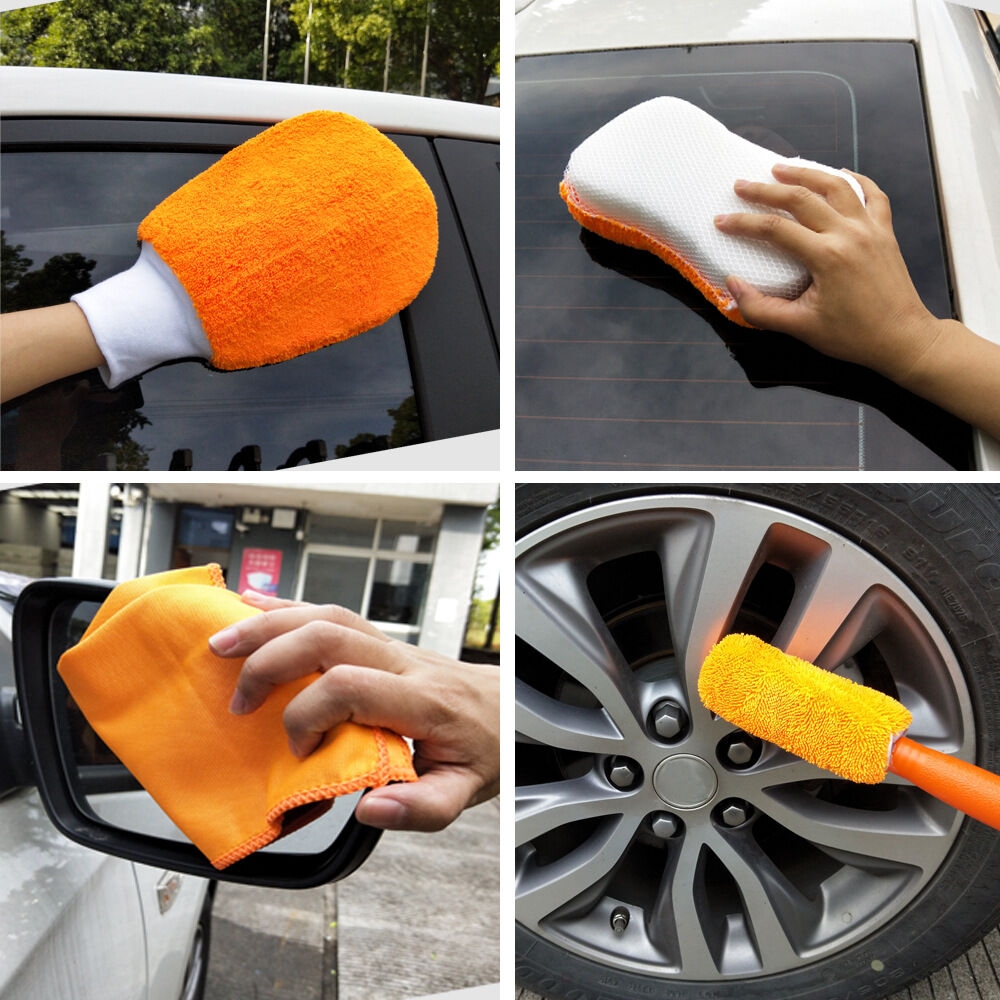 All-in-One Efficient Car Detailing Tool Kit Microfiber Cleaning Mitt Polishing Towel Tire Brush Sponge for Washing PVC Package