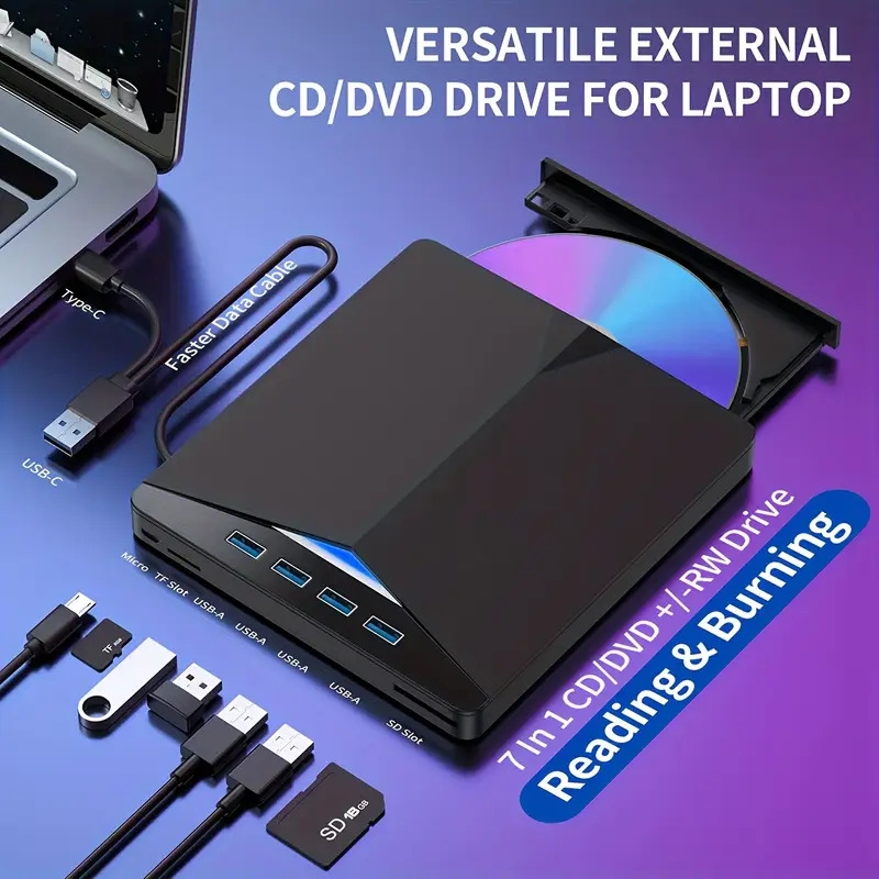 7 in 1 usb 3 0 portable cd dvd drive burn play compatible with laptop desktop pc mac os details 1