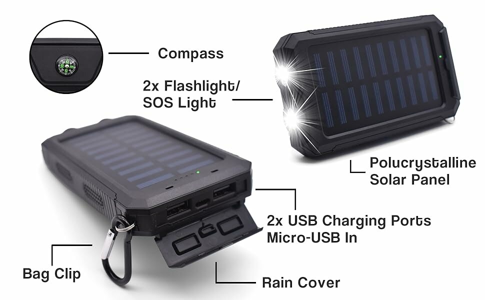 key features, compass, flashlight, 2x usb charging ports, solar panel, bag clip, rain cover