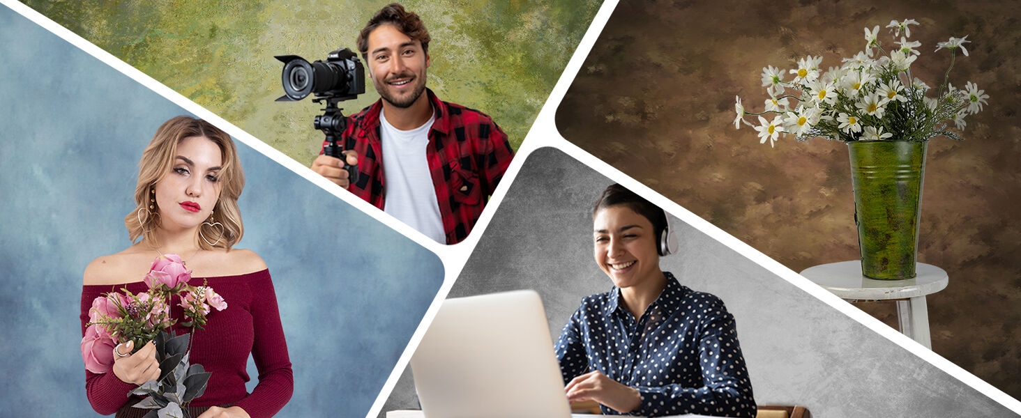 Collage of professional photography scenes featuring camera equipment, workspace with laptop, and floral arrangements against various backgrounds.
