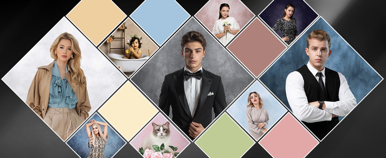 Geometric photo collage layout featuring fashion and formal wear portraits arranged in diamond-shaped pattern against dark background.