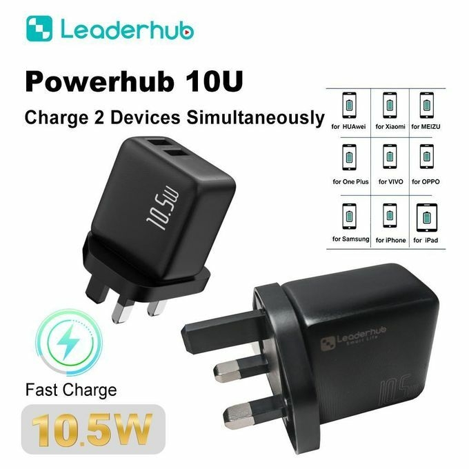 product_image_name-Leaderhub-PowerHub 10U 10.5W 2A Fast Charging Wall Plug Fast Charger Head Portable Travel Adapter with 2 USB UK Chargers Output 2 Devices Simultaneously-Black-2