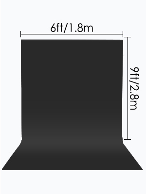 Diagram of a black rectangular backdrop measuring 6ft/1.8m wide by 9ft/2.8m high.