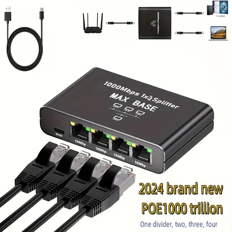 2024全新网络分配器适配器，1000mbps千兆，1转4输出以太网高速lan互联网分配器，带usb电源供应，扩展连接器，支持四个设备同时工作，1000mbps快速 /5e/6/7/8电缆，供多个设备连接互联网。 商品详情 0