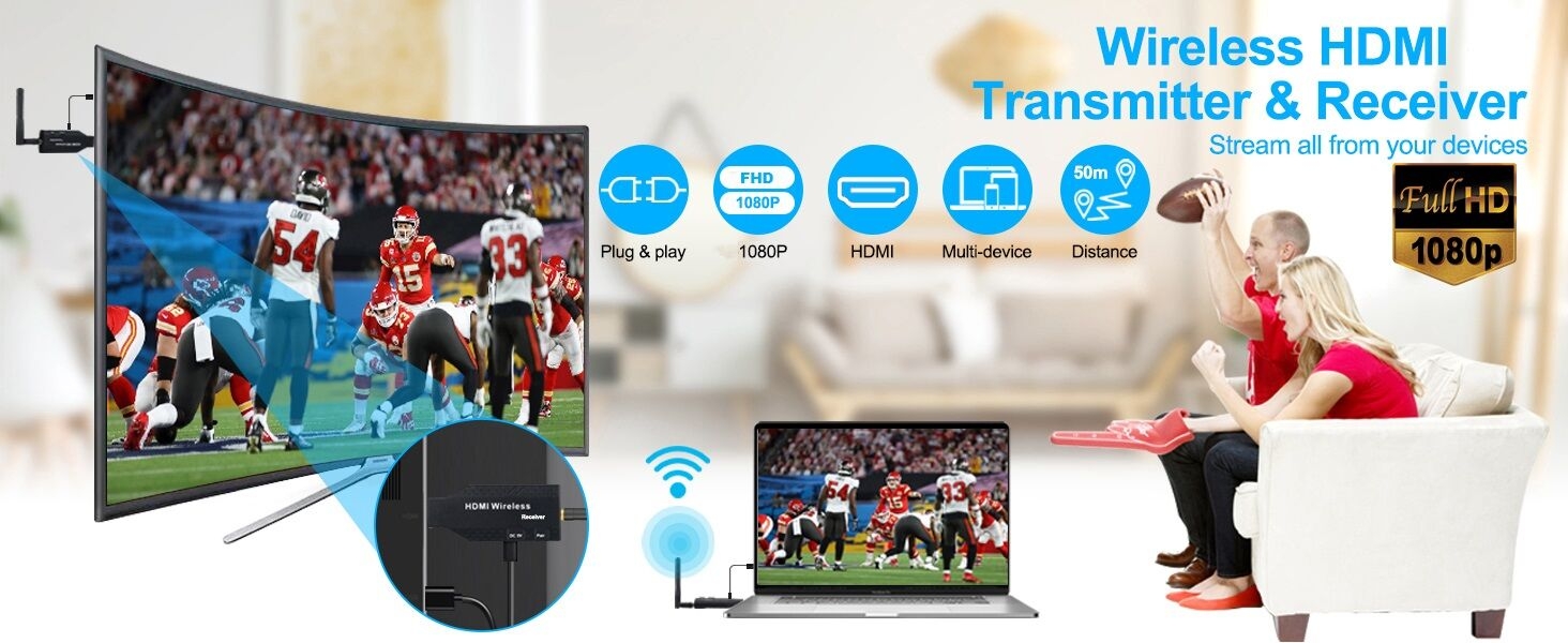 Wireless HDMI Transmitter and Receiver,1080P Wireless HDMI Extender Kit, Plug and Play