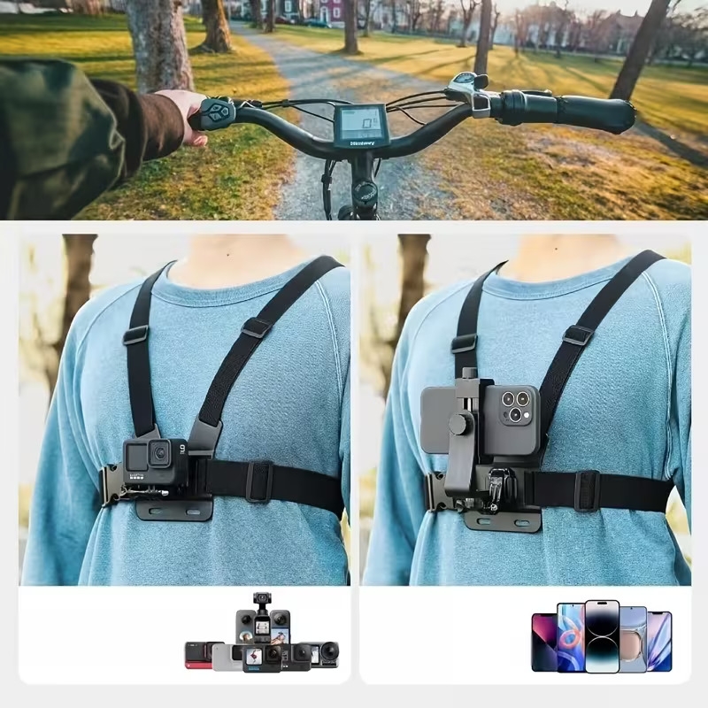 a universal adjustable chest strap suitable for cycling kayaking fishing and skateboarding compatible with iphone samsung gopro 360 and cameras ideal for pov vlog recording made of abs material Product details 1