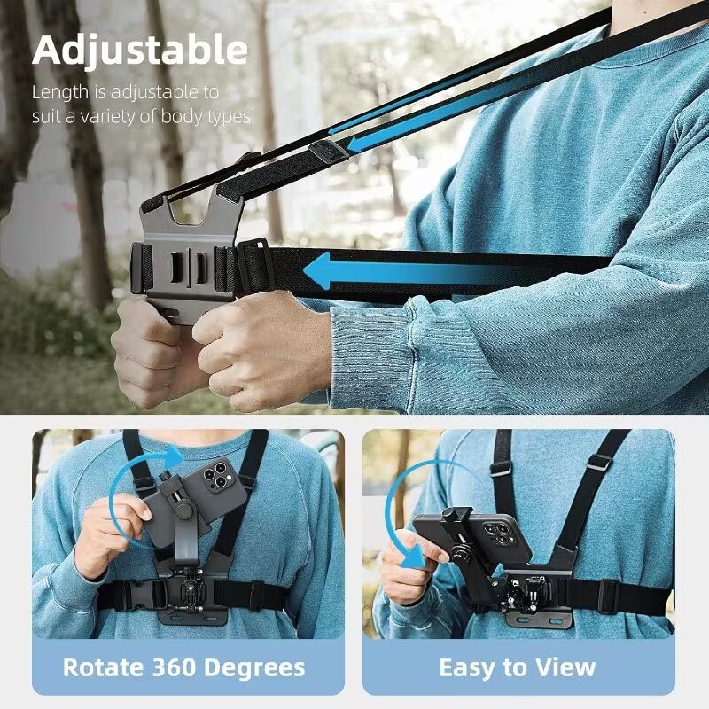 a universal adjustable chest strap suitable for cycling kayaking fishing and skateboarding compatible with iphone samsung gopro 360 and cameras ideal for pov vlog recording made of abs material Product details 4
